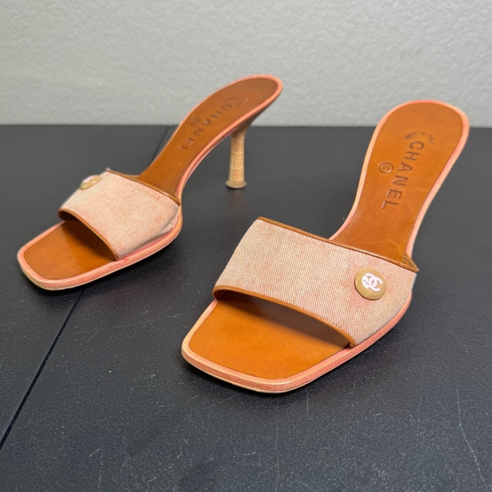 Chanel CC Logo Square Toe Mules Pink Canvas Leather Kitten Heel Sandals 38.5 - Picture 4 of 11